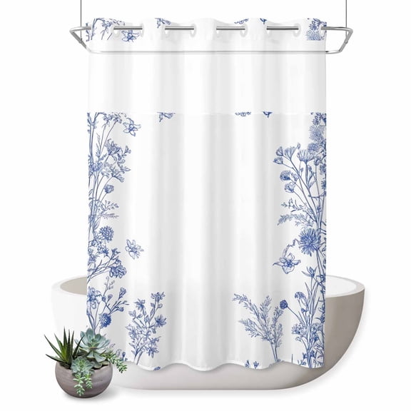 No Hook Shower Curtain, Blue Spring Floral Shower Curtains for Bathroom with See Through Top Window, Summer Flowers Botanical Waterproof & Washable Bath Curtain 60"x72"