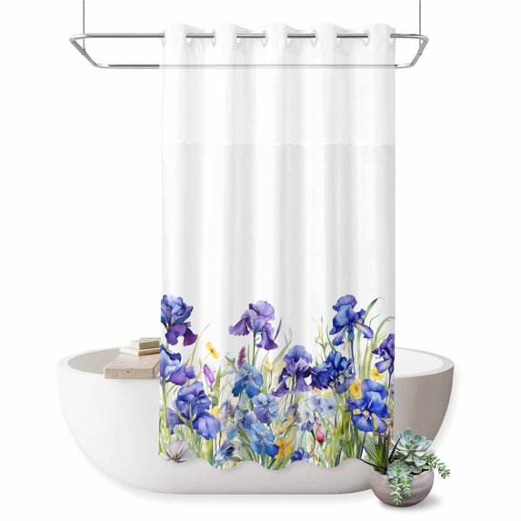 No Hook Shower Curtain, Blue Spring Floral Shower Curtains for Bathroom with See Through Top Window, Watercolor Flowers Summer Botanical Waterproof & Washable Bath Curtain Stand Up Stall 36"x72"