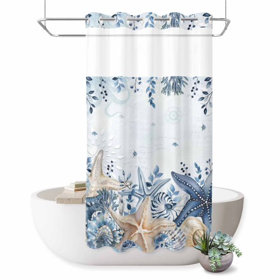 No Hook Shower Curtain, Blue Starfish Coastal Shower Curtains for Bathroom with See Through Top Window, Eucalyptus Summer Nautical Shell Waterproof & Washable Bath Curtain Small Stall 36"x78"
