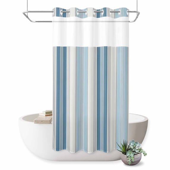 No Hook Shower Curtain, Blue Striped Shower Curtains for Bathroom with See Through Top Window, Modern Farmhouse Stripes Grey Waterproof & Washable Bath Curtain Stand Up Stall 36"x72"