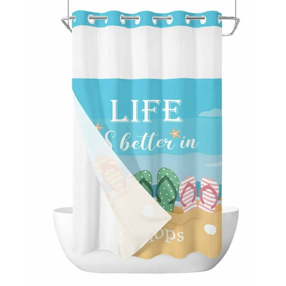 No Hook Shower Curtain, Blue Summer Beach Stall Bathroom Curtains with Snap in Liner, Nautical Coastal Ocean Sea Waterproof Washable Fabric Shower Curtain Set, 54" x 78"