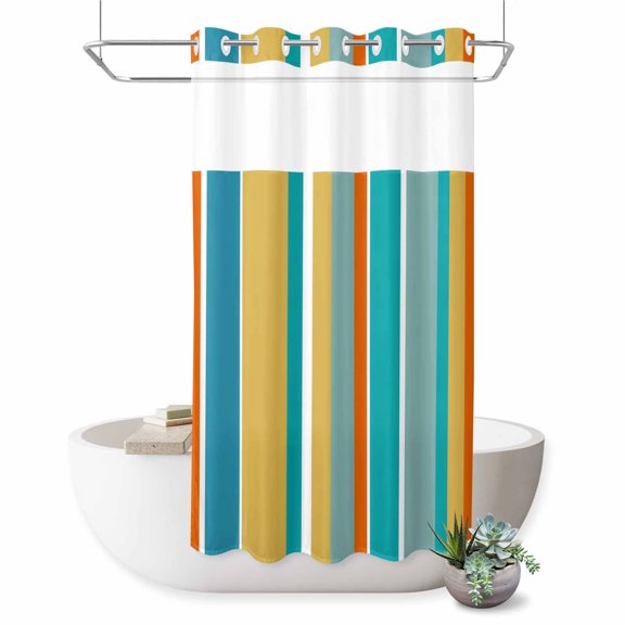 No Hook Shower Curtain, Blue Teal Orange Striped Shower Curtains for Bathroom with See Through Top Window, Farmhouse Stripe Waterproof & Washable Bath Curtain Stand Up Stall 36"x72"