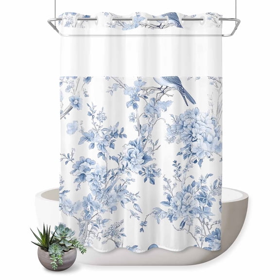 No Hook Shower Curtain, Blue White Flowers Shower Curtains for Bathroom with See Through Top Window, Spring Summer Floral Botanical Waterproof & Washable Bath Curtain Extra Long 72"x84"