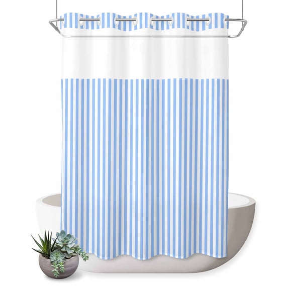No Hook Shower Curtain, Blue White Stripe Shower Curtains for Bathroom with See Through Top Window, Modern Minimalist Geometric Striped Waterproof & Washable Bath Curtain Stall 48"x72"