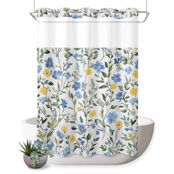 No Hook Shower Curtain, Blue Yellow Floral Spring Shower Curtains for Bathroom with See Through Top Window, Summer Botanical Pastoral Green Waterproof & Washable Bath Curtain 60"x72"