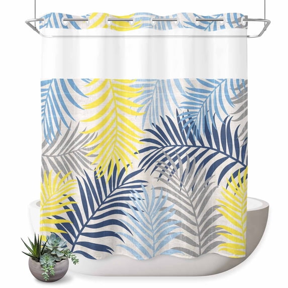 No Hook Shower Curtain, Blue Yellow Grey Palm Leaves Shower Curtains for Bathroom with See Through Top Window, Summer Botanical Tropical Leaf Waterproof & Washable Bath Curtain Standard 72"x72"