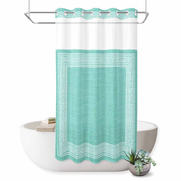 No Hook Shower Curtain, Bluish Green Retro Greek Key Shower Curtains for Bathroom with See Through Top Window, Greece Ancient Rustic Geometric Waterproof Bath Curtain Stand Up Stall 36"x72"
