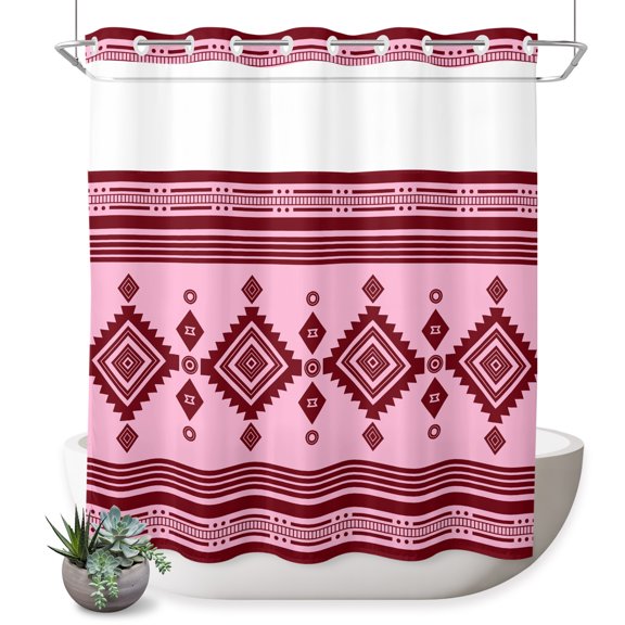 No Hook Shower Curtain, Blush Pink Boho Southwestern Shower Curtains for Bathroom with See Through Top Window, Vintage Ethnic Tribes Zigzag Tile Waterproof & Washable Bath Curtain 66"x72"