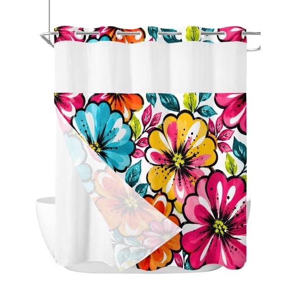 No Hook Shower Curtain, Bohemia Floral Long Bathtub Curtains with Snap in Liner, Summer Abstract Flower Blossom Leaf Watercolor Waterproof Washable Fabric Bathroom Curtain Set, 72" x 78"