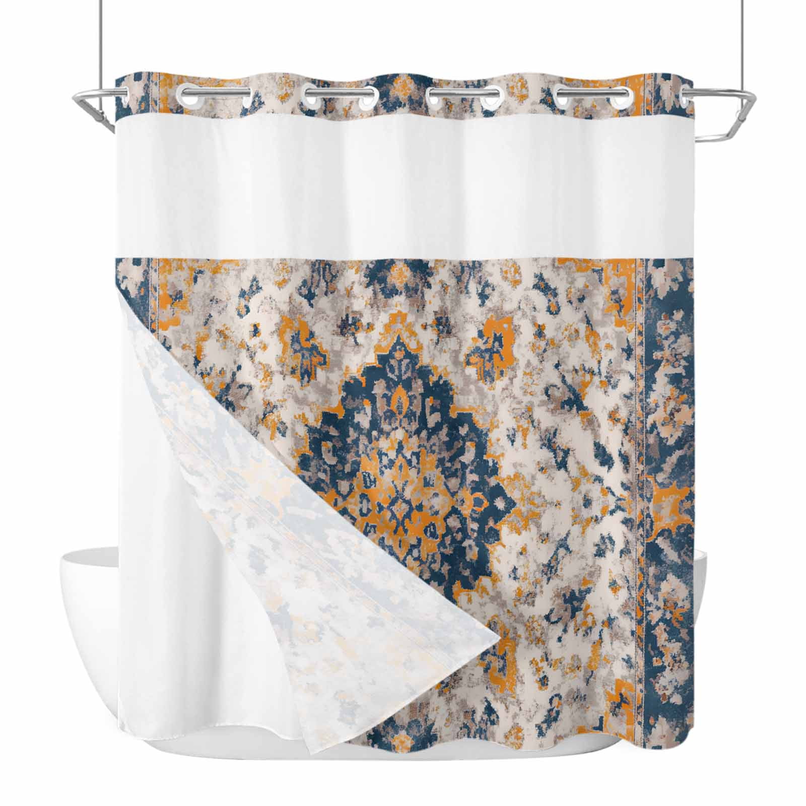 No Hook Shower Curtain, Boho Chic Ethnic Long Bathtub Curtains with Snap in Liner, Orange Blue Vintage Tribes Waterproof Washable Fabric Bathroom Curtain Sets, 72"W x 78"L
