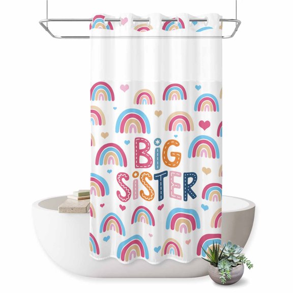 No Hook Shower Curtain, Boho Colorful Rainbow Shower Curtains for Bathroom with See Through Top Window, Cartons Rainbows BIG SISTER Text Waterproof & Washable Bath Curtain Stand Up Stall 36"x72"