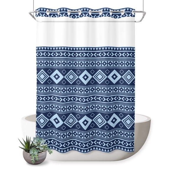 No Hook Shower Curtain, Boho Ethnic Tribe Shower Curtains for Bathroom with See Through Top Window, Navy Blue Zen Southwest Middle Century Waterproof & Washable Bath Curtain 60"x72"