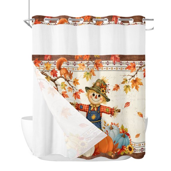 No Hook Shower Curtain, Boho Fall Scarecrows Standard Shower Curtain with Snap in Liner, Thanksgiving Autumn Pumpkins Maple Leaf Waterproof Washable Fabric Bathroom Curtains Set, 72" x 72"