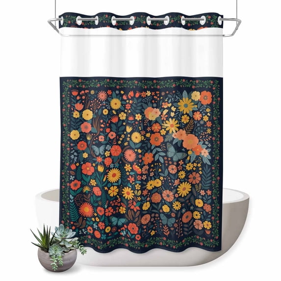 No Hook Shower Curtain, Boho Flowers Shower Curtains for Bathroom with See Through Top Window, Spring Abstract Watercolor Floral Leaf Waterproof & Washable Bath Curtain Extra Long 72"x84"