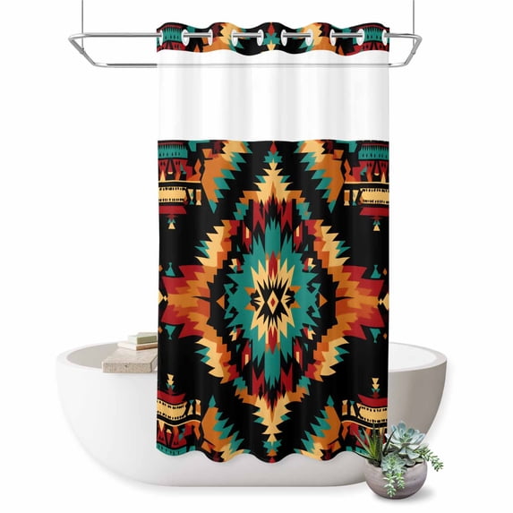 No Hook Shower Curtain, Boho Orange Teal Shower Curtains for Bathroom with See Through Top Window, Geometric Vintage Southwestern Ethnic Waterproof & Washable Bath Curtain Stand Up Stall 36"x72"