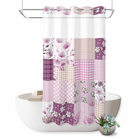 No Hook Shower Curtain, Boho Purple Flowers Shower Curtains for Bathroom with See Through Top Window, Spring Floral Botanical Patchwork Vintage Waterproof Washable Bath Curtain Stand Up Stall 36"x72"