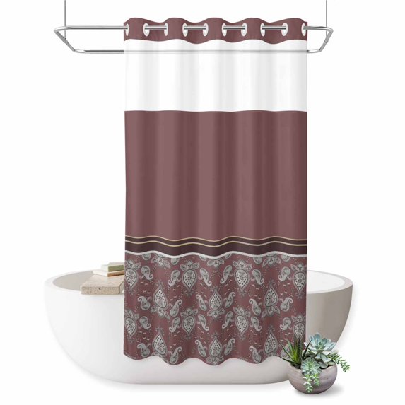No Hook Shower Curtain, Boho Red Brown Flower Shower Curtains for Bathroom with See Through Top Window, Abstract Bohemia Pesley Floral Waterproof & Washable Bath Curtain Narrow 54"x78"