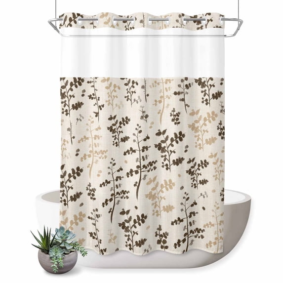 No Hook Shower Curtain, Brown Beige Botanical Shower Curtains for Bathroom with See Through Top Window, Rustic Country Spring Floral Summer Leaf Waterproof & Washable Bath Curtain 60"x72"