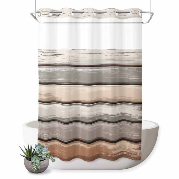 No Hook Shower Curtain, Brown Beige Stripes Shower Curtains for Bathroom with See Through Top Window, Geometric Painting Neutral Textured Waterproof & Washable Bath Curtain Extra Long 72"x96"