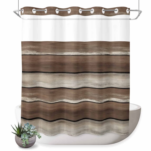 No Hook Shower Curtain, Brown Beige Wooden Shower Curtains for Bathroom with See Through Top Window, Vintage Farmhouse Retro Art Waterproof & Washable Bath Curtain 66"x72"