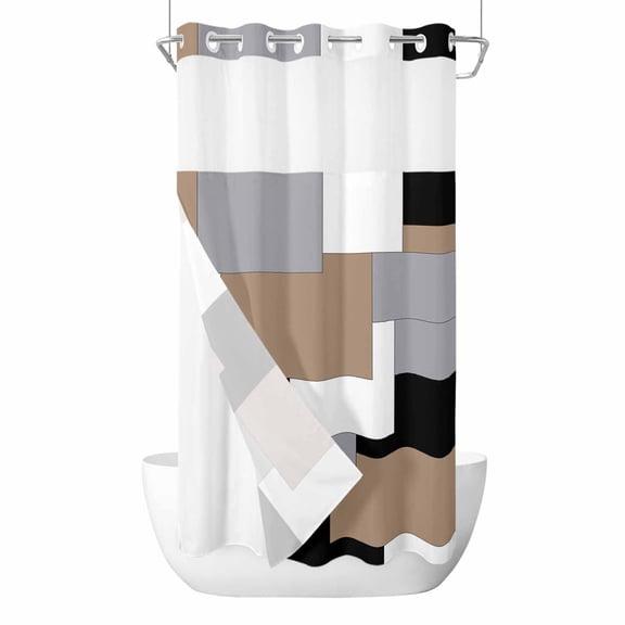 No Hook Shower Curtain, Brown Black Grey Small Shower Curtains with Snap in Liner, Middle Century Irregular Geo Abstract Art Waterproof Washable Fabric Bathroom Curtain Sets, 36"W x 78"L