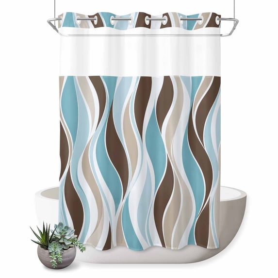 No Hook Shower Curtain, Brown Blue Striped Shower Curtains for Bathroom with See Through Top Window, Modern Gradient Abstract Line Art Waterproof & Washable Bath Curtain Extra Long 72"x84"