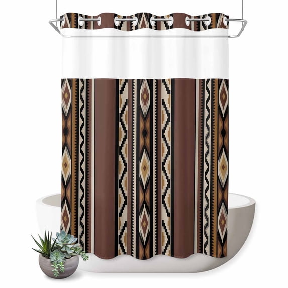 No Hook Shower Curtain, Brown Boho Shower Curtains for Bathroom with See Through Top Window, Vintage Ethnic Tribe Retro Abstract Art Waterproof & Washable Bath Curtain Extra Long 72"x84"