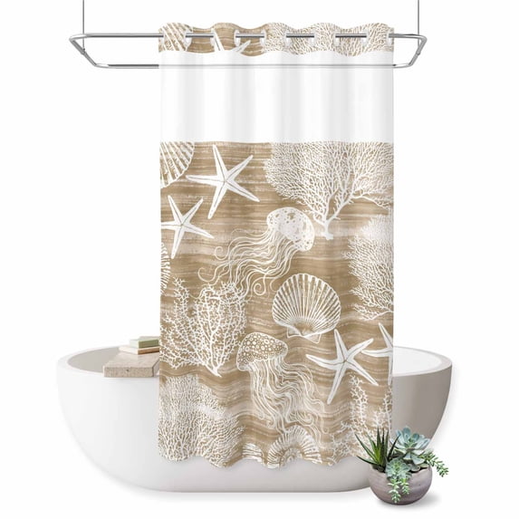 No Hook Shower Curtain, Brown Coastal Shower Curtains for Bathroom with See Through Top Window, Nautical Starfish Coral Jellyfish Shell Sea Waterproof & Washable Bath Curtain Narrow 54"x78"