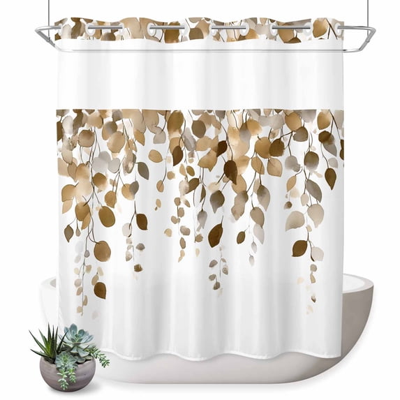 No Hook Shower Curtain, Brown Eucalyptus Leaves Shower Curtains for Bathroom with See Through Top Window, Summer Watercolor Leaf Waterproof & Washable Bath Curtain 66"x72"