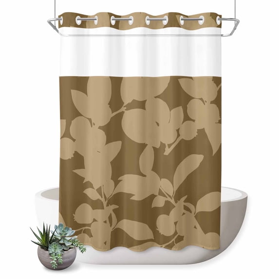 No Hook Shower Curtain, Brown Floral Silhouette Shower Curtains for Bathroom with See Through Top Window, Spring Farmhouse Vintage Flowers Waterproof & Washable Bath Curtain Stall 48"x72"