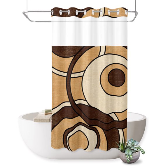 No Hook Shower Curtain, Brown Geometric Shower Curtains for Bathroom with See Through Top Window, Abstract Concentric Circles Modern Waterproof & Washable Bath Curtain Stand Up Stall 36"x72"