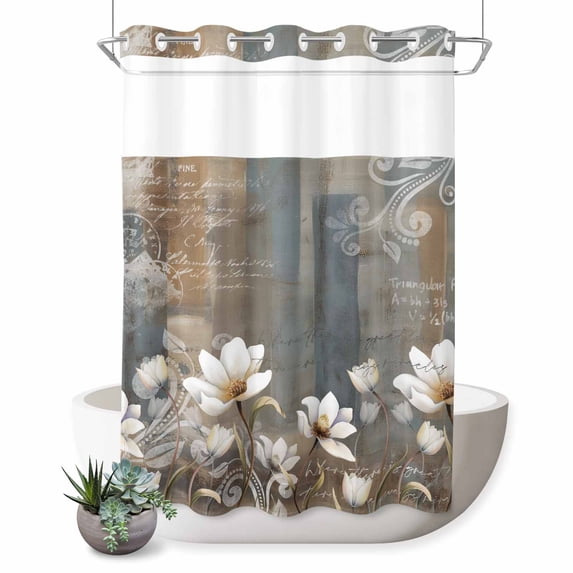 No Hook Shower Curtain, Brown Grey Floral Shower Curtains for Bathroom with See Through Top Window, Spring Summer Botanical Vintage Waterproof & Washable Bath Curtain Stall 48"x72"