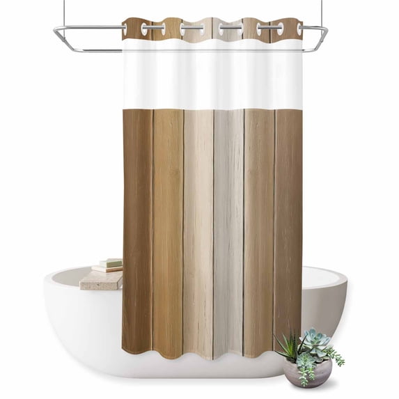 No Hook Shower Curtain, Brown Ombre Shower Curtains for Bathroom with See Through Top Window, Vintage Country Wooden Waterproof & Washable Bath Curtain Stand Up Stall 36"x72"