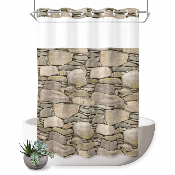 No Hook Shower Curtain, Brown Stone Wall Shower Curtains for Bathroom with See Through Top Window, Vintage Country Rocks Brick Pattern Waterproof & Washable Bath Curtain 60"x72"
