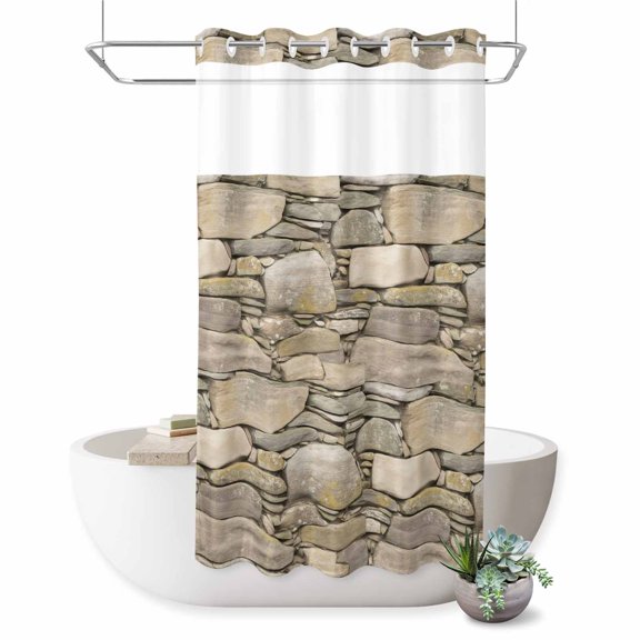 No Hook Shower Curtain, Brown Stone Wall Shower Curtains for Bathroom with See Through Top Window, Vintage Country Rocks Brick Pattern Waterproof & Washable Bath Curtain Stand Up Stall 36"x72"