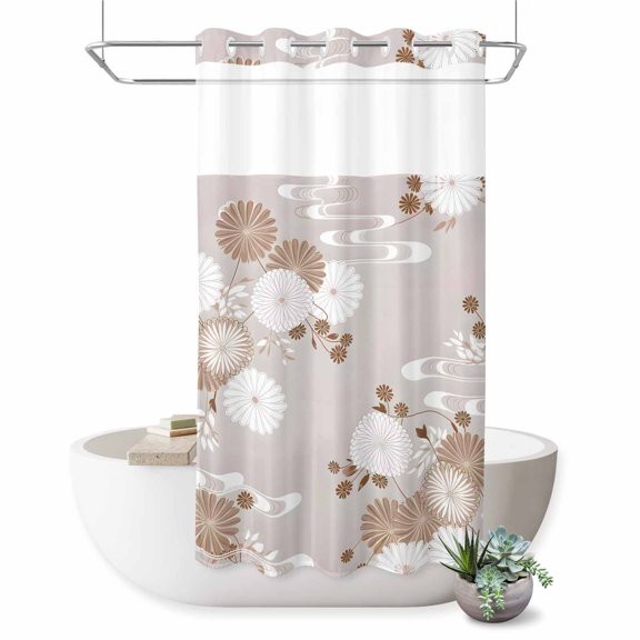 No Hook Shower Curtain, Brown White Floral Shower Curtains for Bathroom with See Through Top Window, Spring Botanical Leaves Farmhouse Waterproof & Washable Bath Curtain Stand Up Stall 36"x72"