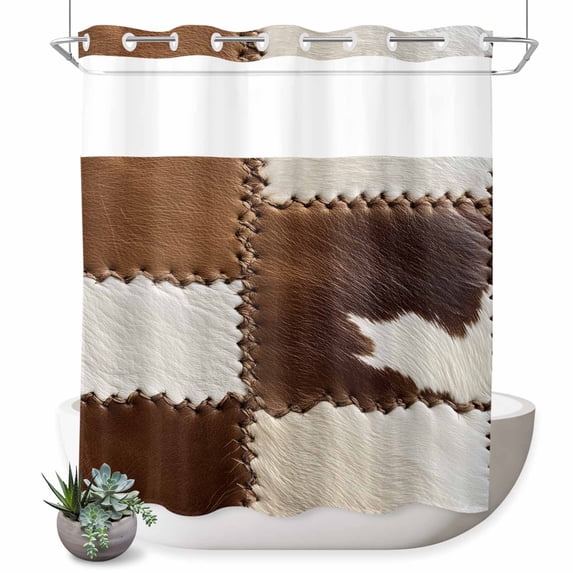 No Hook Shower Curtain, Brown White Leather Texture Shower Curtains for Bathroom with See Through Top Window, Abstract Art Cowhide Waterproof & Washable Bath Curtain Long 72"x78"