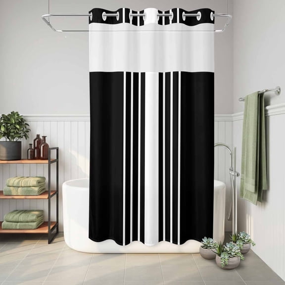 No Hook Shower Curtain with Built-In Rings, Abstract White Striped Washable Waterproof Fabric Curtain with Mesh Top Window for Bathroom, Simple Black Background 36"x72"