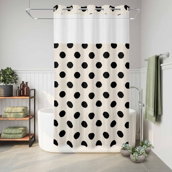 No Hook Shower Curtain with Built-In Rings, Black White Polka Dots Washable Waterproof Fabric Curtain with Mesh Top Window for Bathtub and Bathroom,Cute Solid Color Linen 36"x72"
