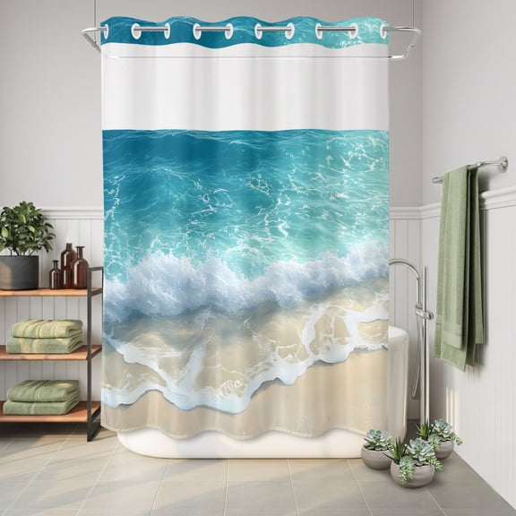 No Hook Shower Curtain with Built-In Rings, Blue Ocean Beach Waves Washable Waterproof Fabric Curtain with Mesh Top Window for Bathtub and Bathroom,Modern Art Decoration 72"x84"