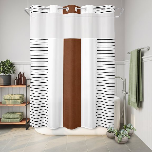 No Hook Shower Curtain with Built-In Rings, Boho Brown Washable Waterproof Fabric Curtain with Mesh Top Window for Bathtub and Bathroom,Striped Tribal Farmhouse Style 72"x84"