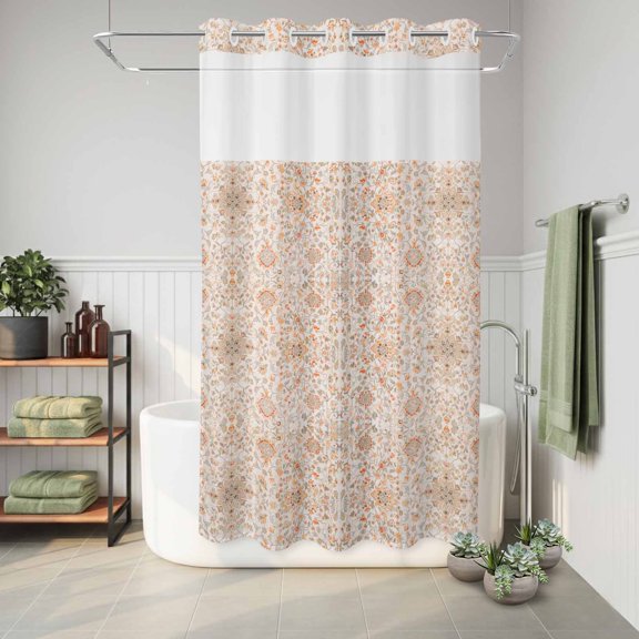 No Hook Shower Curtain with Built-In Rings, Boho Retro Washable Waterproof Fabric Curtain with Mesh Top Window for Bathtub and Bathroom,Tribal Style Flowers 36"x72"