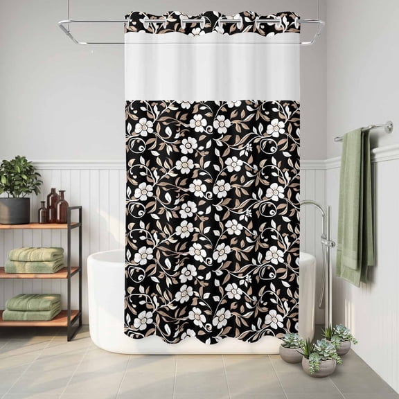 No Hook Shower Curtain with Built-In Rings, Brown Flower Washable Waterproof Fabric Curtain with Mesh Top Window for Bathroom, Country Retro Pastoral Floral Leaf Pattern 36"x72"
