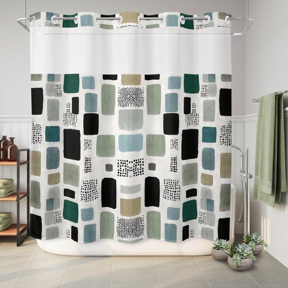 No Hook Shower Curtain with Built-In Rings, Green Rectangle Washable Waterproof Fabric Curtain with Mesh Top Window for Bathtub and Bathroom,Abstract Sage Green Black Rectangle 72"x72"