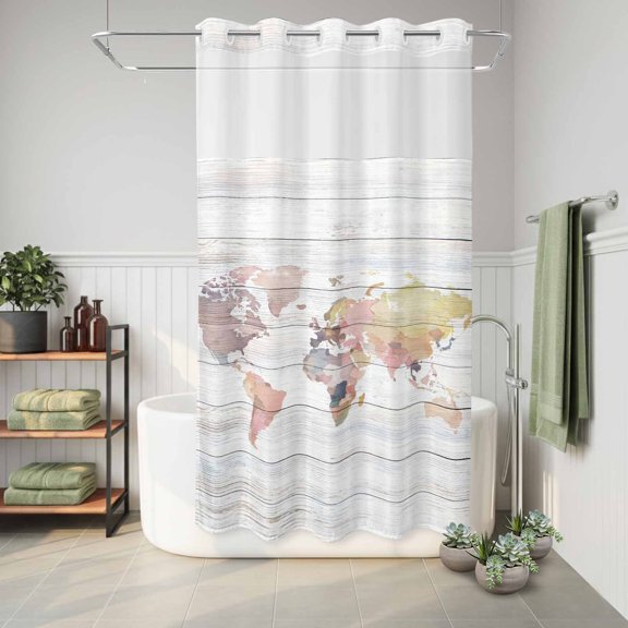 No Hook Shower Curtain with Built-In Rings, Maps Of The World Washable Waterproof Fabric Curtain with Mesh Top Window for Bathtub and Bathroom,Retro Earth Tourism Map Grey Wood Grain 36"x72"