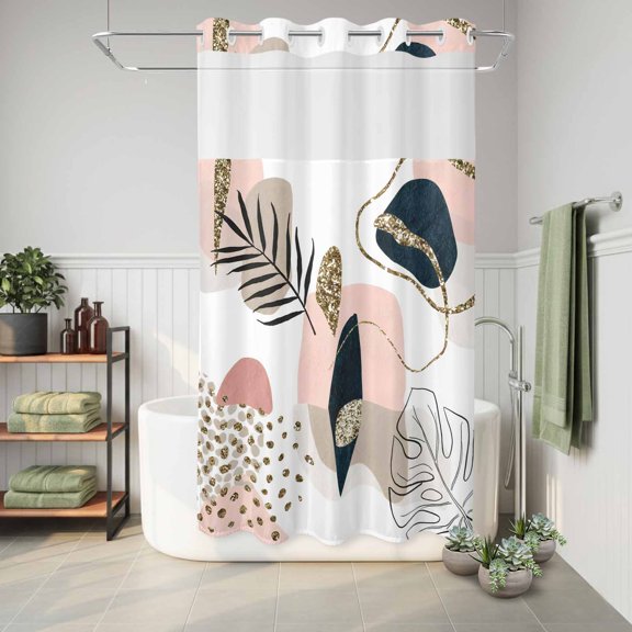 No Hook Shower Curtain with Built-In Rings, Navy Blue Pink Boho Washable Waterproof Fabric Curtain with Mesh Top Window for Bathtub and Bathroom,Modern Abstract Tropical Plant 36"x72"