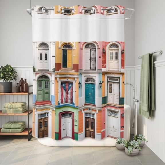 No Hook Shower Curtain with Built-In Rings, Puerto Rico Washable Waterproof Fabric Curtain with Mesh Top Window for Bathtub and Bathroom,Vintage Boho Style Door Gates 48"x72"