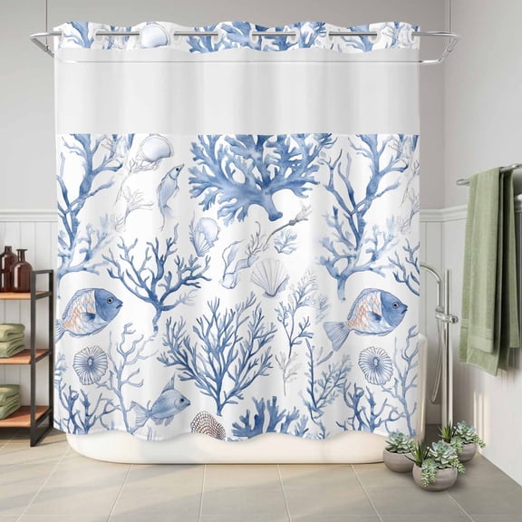 No Hook Shower Curtain with Built-In Rings, Summer Watercolor Washable Waterproof Fabric Curtain with Mesh Top Window for Bathtub and Bathroom,Dusty Blue Coral Fish Seashell Nautical 72"x72"
