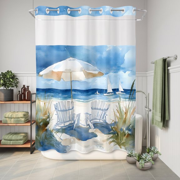 No Hook Shower Curtain with Built-In Rings, Sun Umbrella Ship Washable Waterproof Fabric Curtain with Mesh Top Window for Bathtub and Bathroom,Watercolor Beach Chair 48"x72"