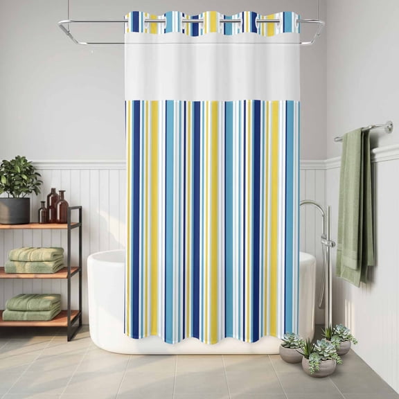 No Hook Shower Curtain with Built-In Rings, Teal Blue Washable Waterproof Fabric Curtain with Mesh Top Window for Bathtub and Bathroom,Yellow Stripes Texture 36"x72"